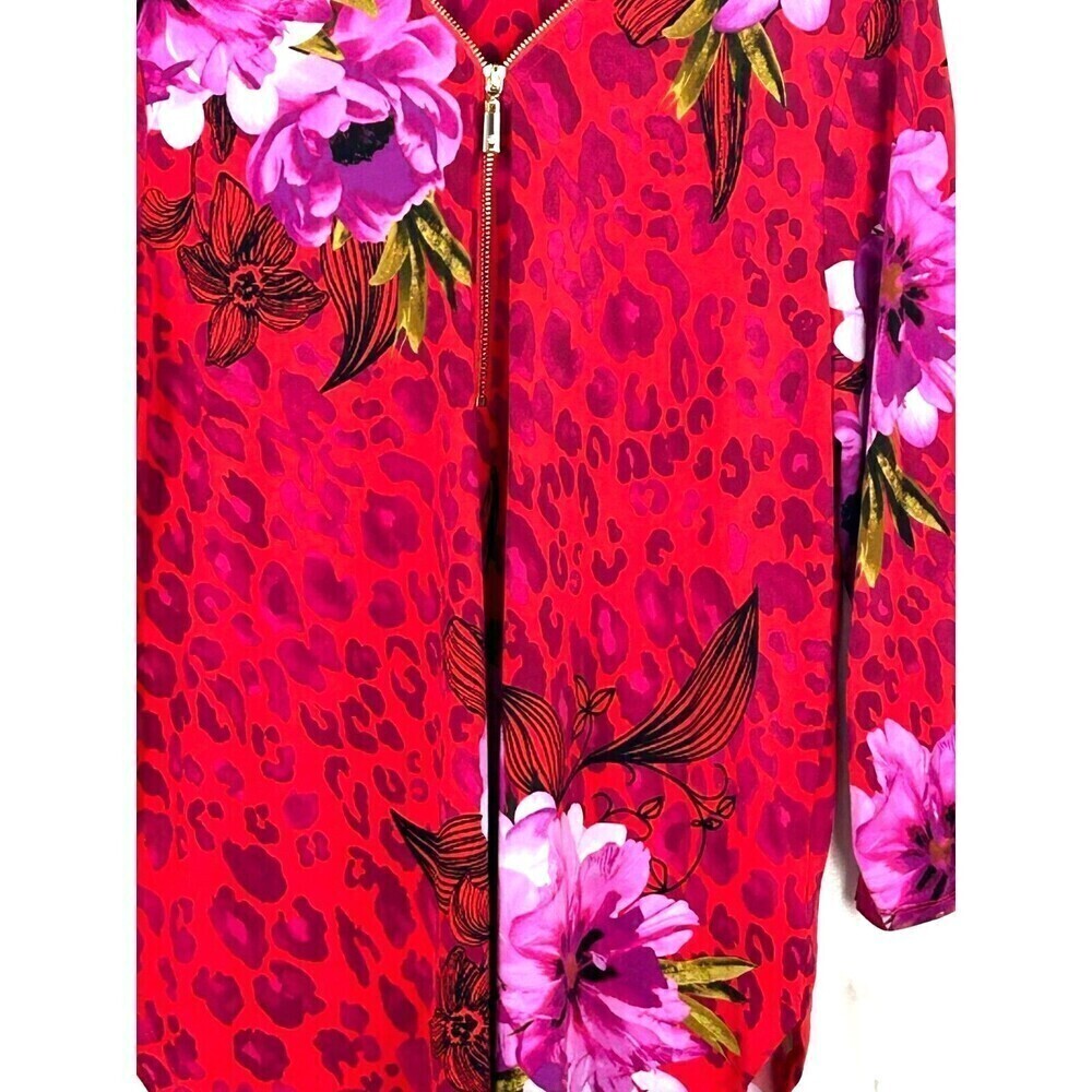 New JM Collection Women Sz PXL Red Pink Zip Neck Blouse Roll Tab Sleeve Tunic U4 - Picture 8 of 11